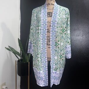 Isaac Mizrahi Live Green Paisley Medallion Open Front Cardigan Wrap‎ 1X Boho